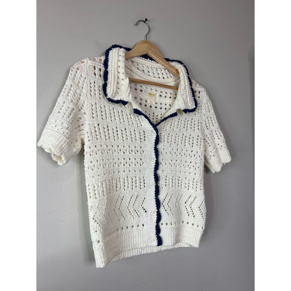 NEW Maeve Short-Sleeve Open-Stitch Polo Cardigan Sweater Top Cream Size: Small - Picture 3 of 8
